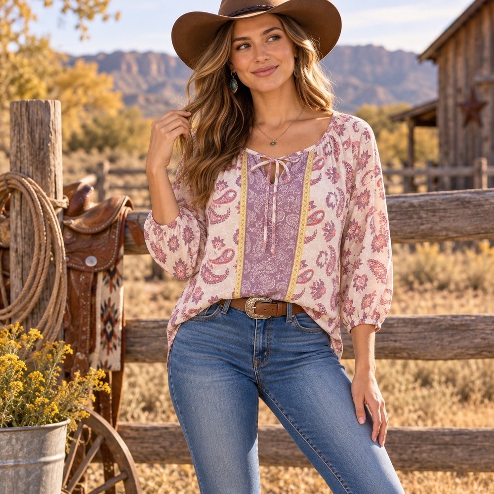Fred David Medium Pink Purple Paisley Boho Peasant Blouse V- Neck Tie Top